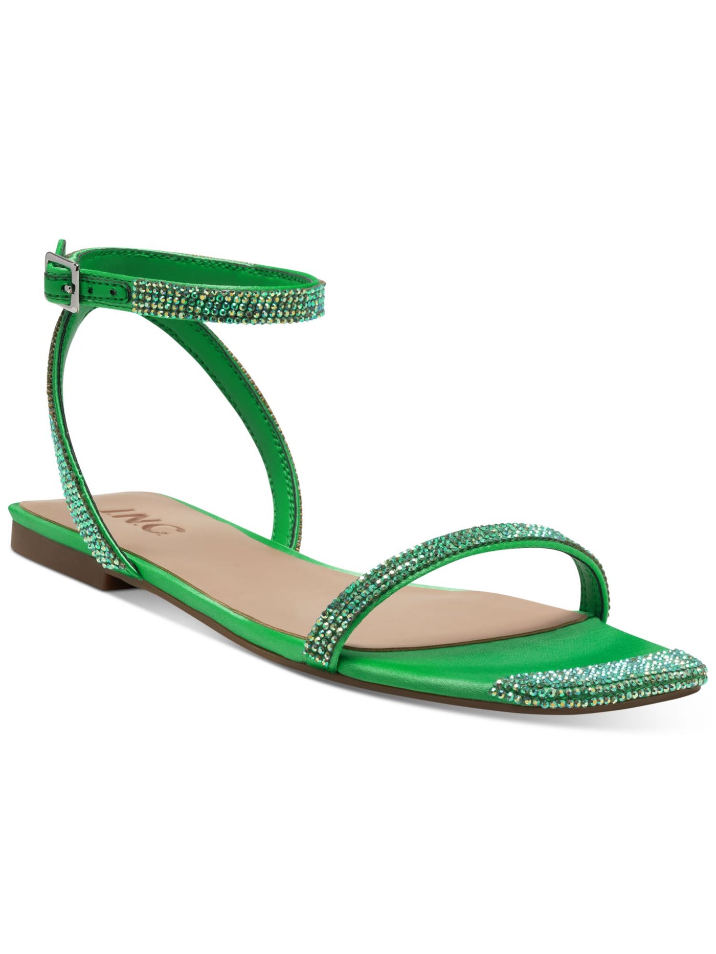 INC Womens Green Ankle Strap Rhinestone Persida Square Toe Slip On Sandals Shoes 6 M