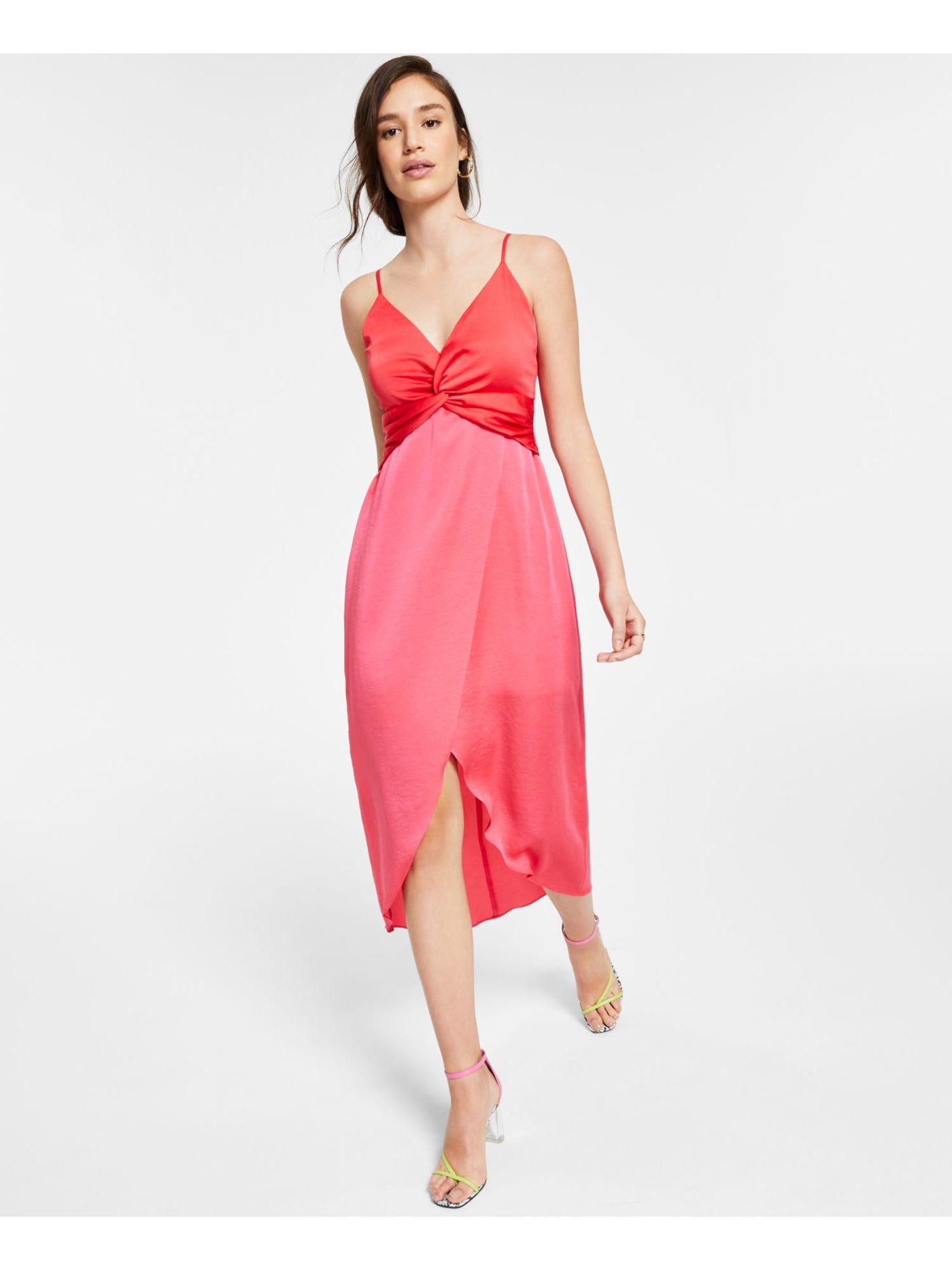 BAR III Womens Pink Zippered Lined Tulip Slit Color Block Spaghetti Strap Surplice Neckline Below The Knee Sheath Dress M