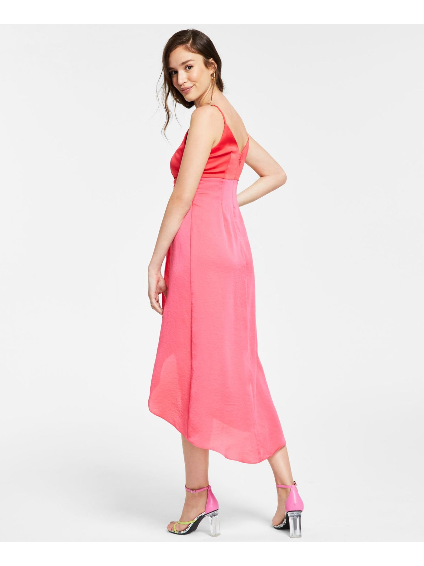 BAR III Womens Pink Zippered Lined Tulip Slit Color Block Spaghetti Strap Surplice Neckline Below The Knee Sheath Dress M