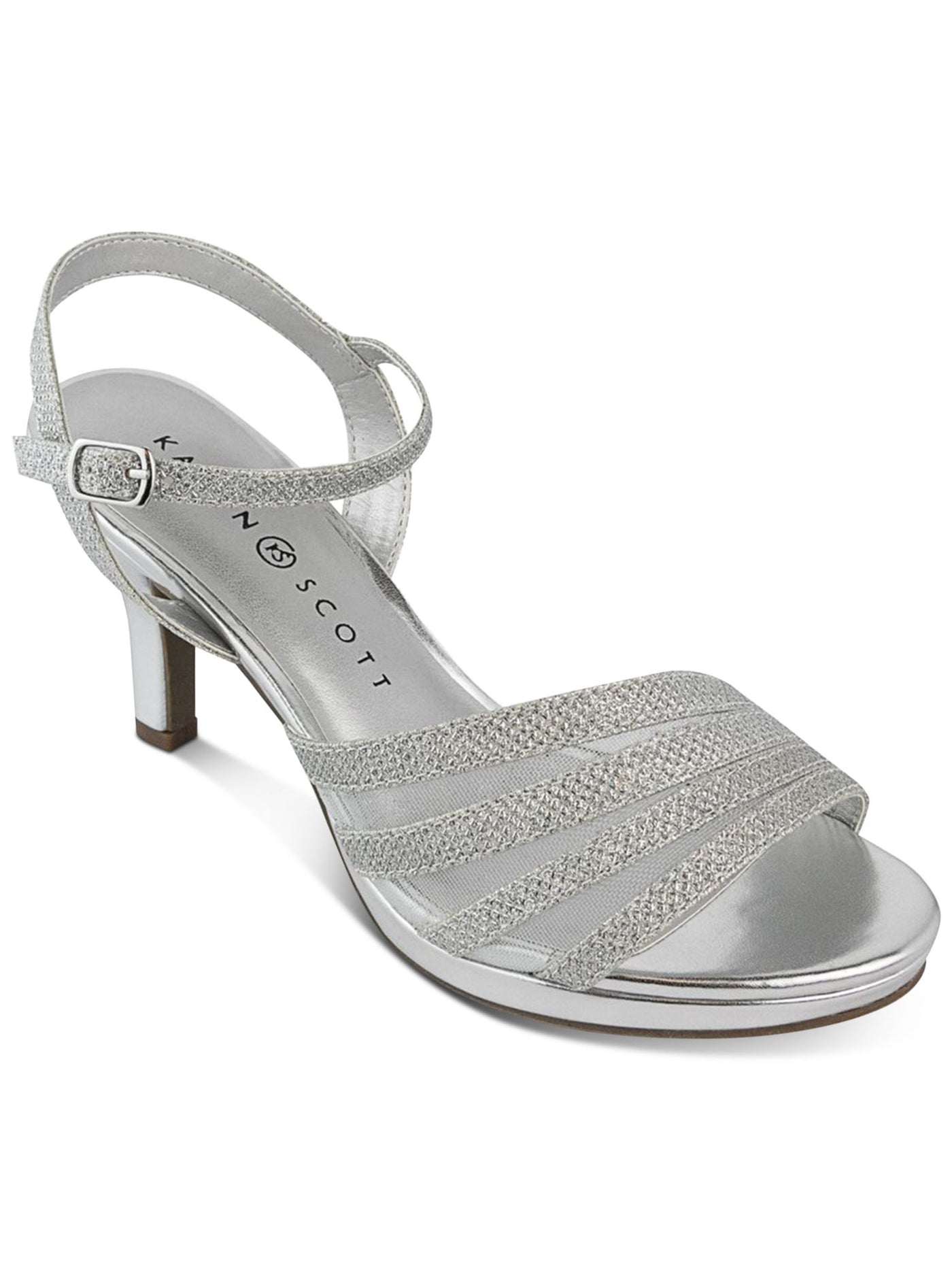 KAREN SCOTT Womens Silver Mixed Media Padded Ankle Strap Asymmetrical Darla Round Toe Stiletto Buckle Dress Slingback Sandal 8.5 M