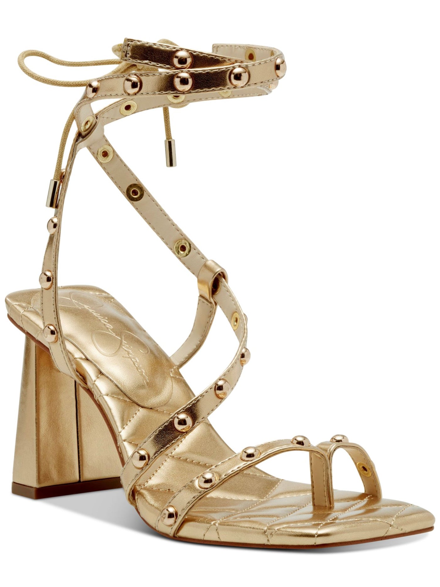 JESSICA SIMPSON Womens Gold Toe Loop Asymmetrical Ankle Strap Padded Metallic Studded Zayve Square Toe Block Heel Lace-Up Heeled Sandal 5.5 M