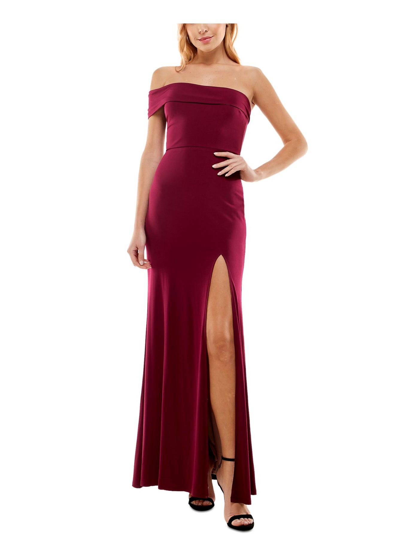 CITY STUDIO Womens Burgundy Zippered Lined One Shoulder Front Slit Off Shoulder Full-Length Formal Gown Dress 0