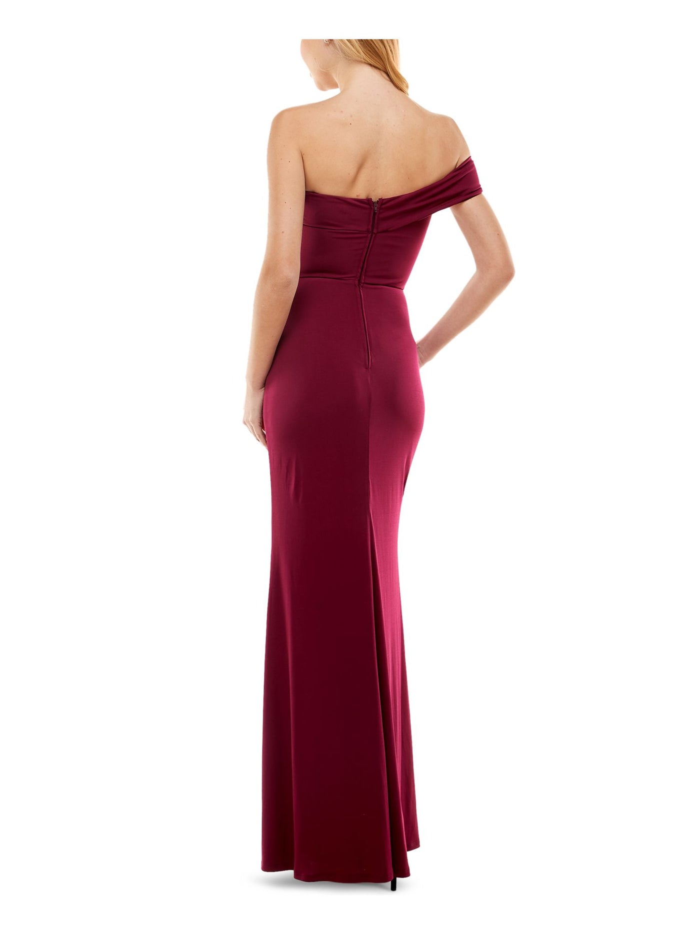 CITY STUDIO Womens Burgundy Zippered Lined One Shoulder Front Slit Off Shoulder Full-Length Formal Gown Dress 0