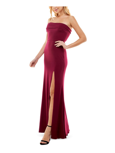 CITY STUDIO Womens Burgundy Zippered Lined One Shoulder Front Slit Off Shoulder Full-Length Formal Gown Dress 0