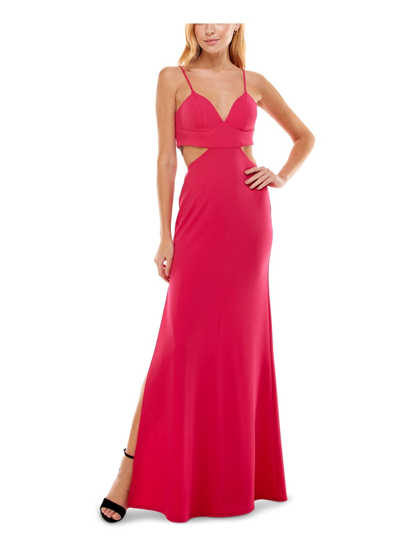 CRYSTAL DOLLS Womens Pink Stretch Cut Out Zippered Slitted Spaghetti Strap V Neck Full-Length Prom Gown Dress 11