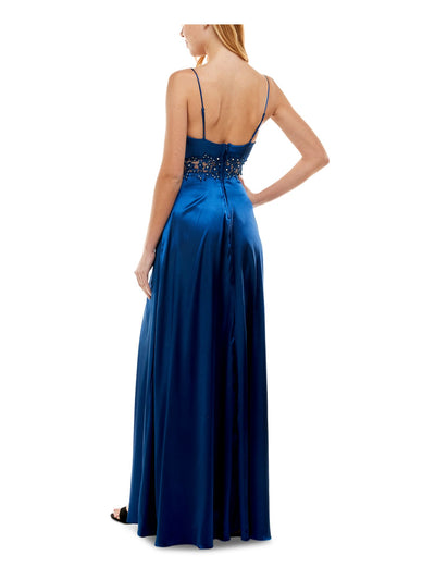 CITY STUDIO Womens Navy Embellished Zippered Satin Gown Spaghetti Strap Scoop Neck Maxi Prom Dress 5