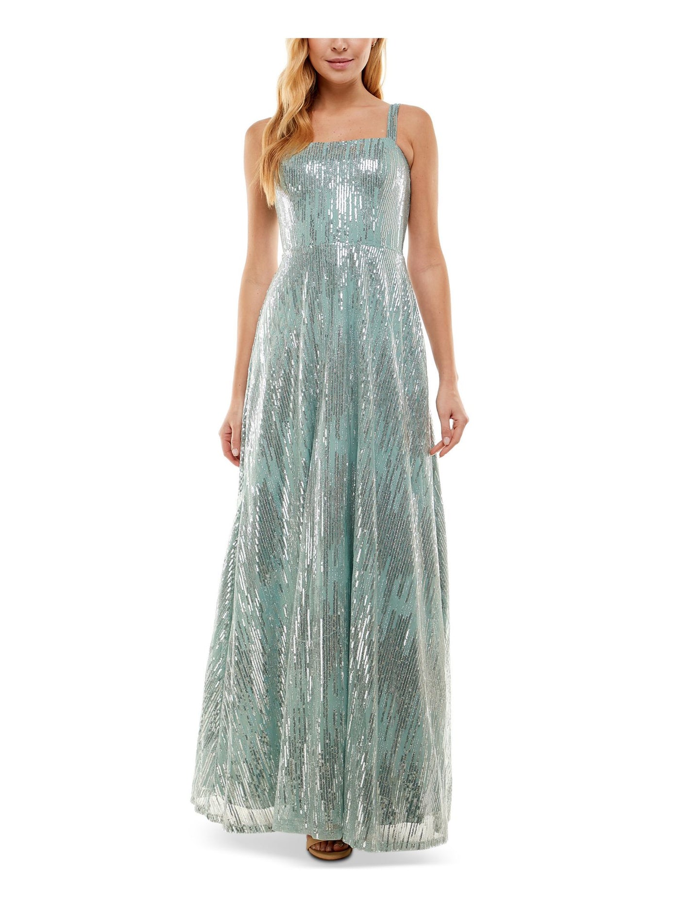 SAY YES TO THE PROM Womens Turquoise Sequined Zippered Lined Sleeveless Square Neck Full-Length Formal Gown Dress 3
