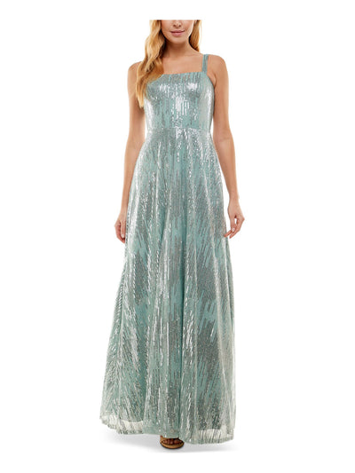 SAY YES TO THE PROM Womens Turquoise Sequined Zippered Lined Sleeveless Square Neck Full-Length Formal Gown Dress 3