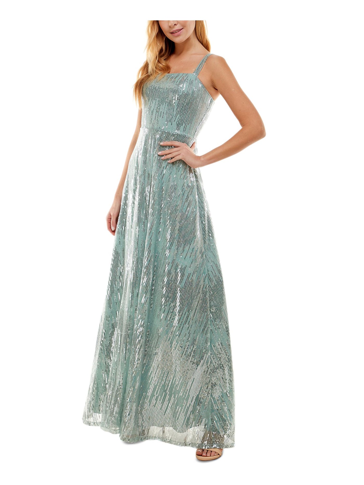 SAY YES TO THE PROM Womens Turquoise Sequined Zippered Lined Sleeveless Square Neck Full-Length Formal Gown Dress 3