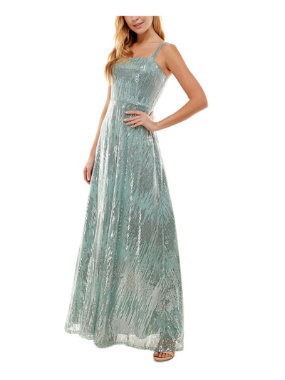 SAY YES TO THE PROM Womens Turquoise Sequined Zippered Lined Sleeveless Square Neck Full-Length Formal Gown Dress 3