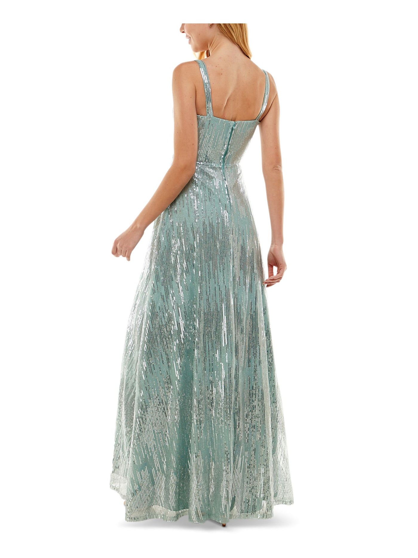 SAY YES TO THE PROM Womens Turquoise Sequined Zippered Lined Sleeveless Square Neck Full-Length Formal Gown Dress 3