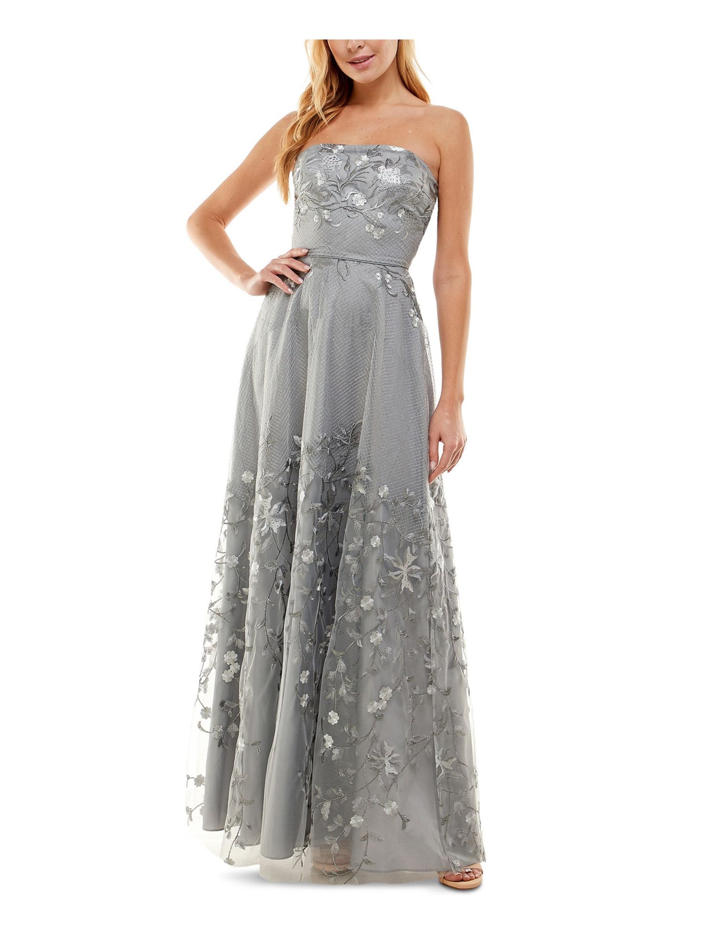 CITY STUDIO Womens Gray Embroidered Lace Zippered Sleeveless Strapless Full-Length Gown Prom Dress 7