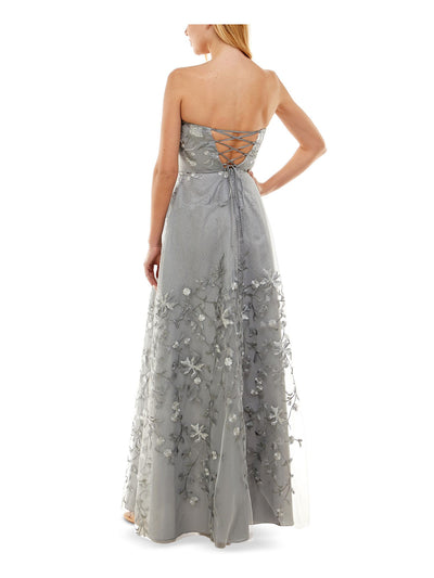 CITY STUDIO Womens Gray Embroidered Lace Zippered Sleeveless Strapless Full-Length Gown Prom Dress 7