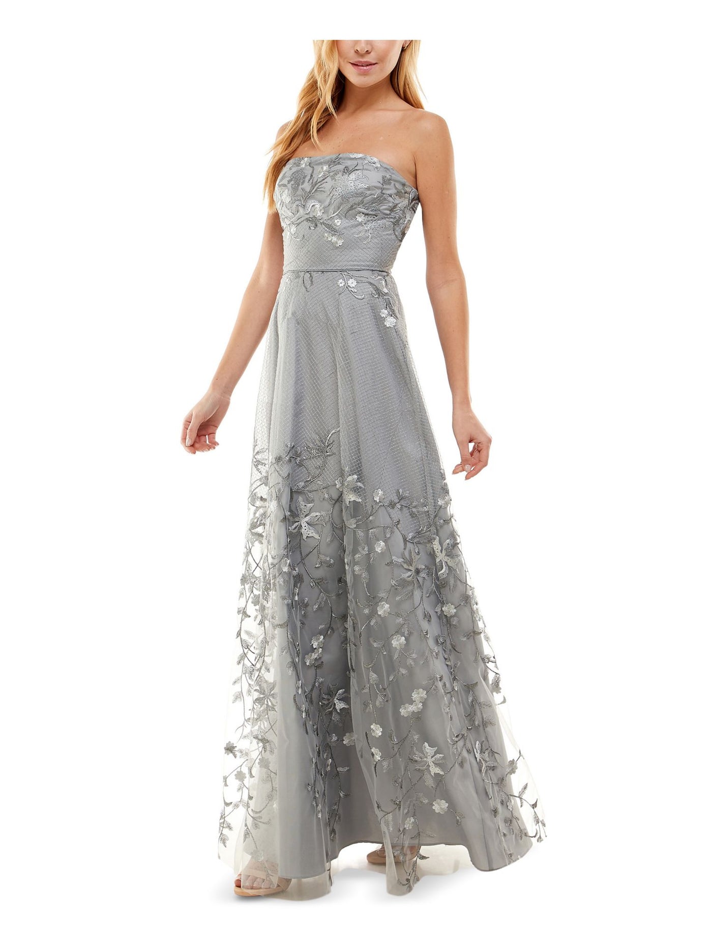 CITY STUDIO Womens Gray Embroidered Lace Zippered Sleeveless Strapless Full-Length Gown Prom Dress 7