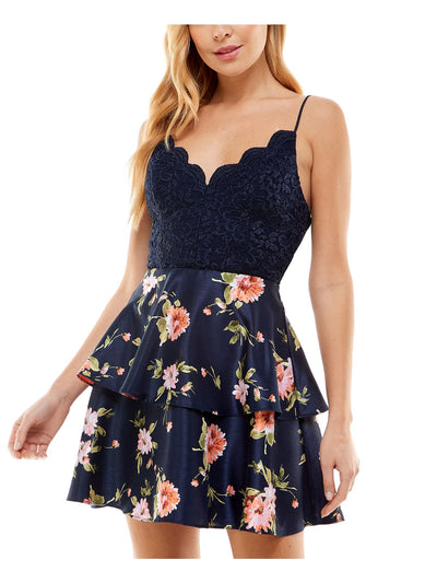 CITY STUDIO Womens Navy Zippered Scalloped Padded Bust Lace Ruffled Floral Spaghetti Strap V Neck Short Party Fit + Flare Dress 1