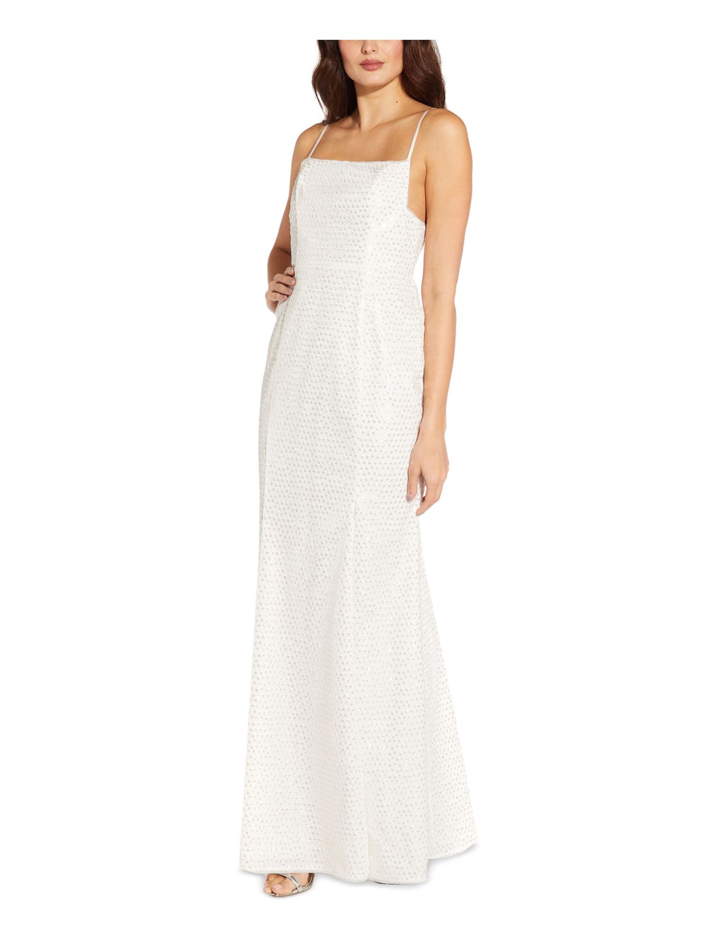 AIDAN AIDAN MATTOX Womens Ivory Sequined Zippered Thigh High Slit Lined Column Spaghetti Strap Square Neck Full-Length Evening Gown Dress 12