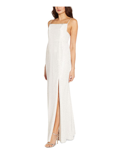 AIDAN AIDAN MATTOX Womens Ivory Sequined Zippered Thigh High Slit Lined Column Spaghetti Strap Square Neck Full-Length Evening Gown Dress 12