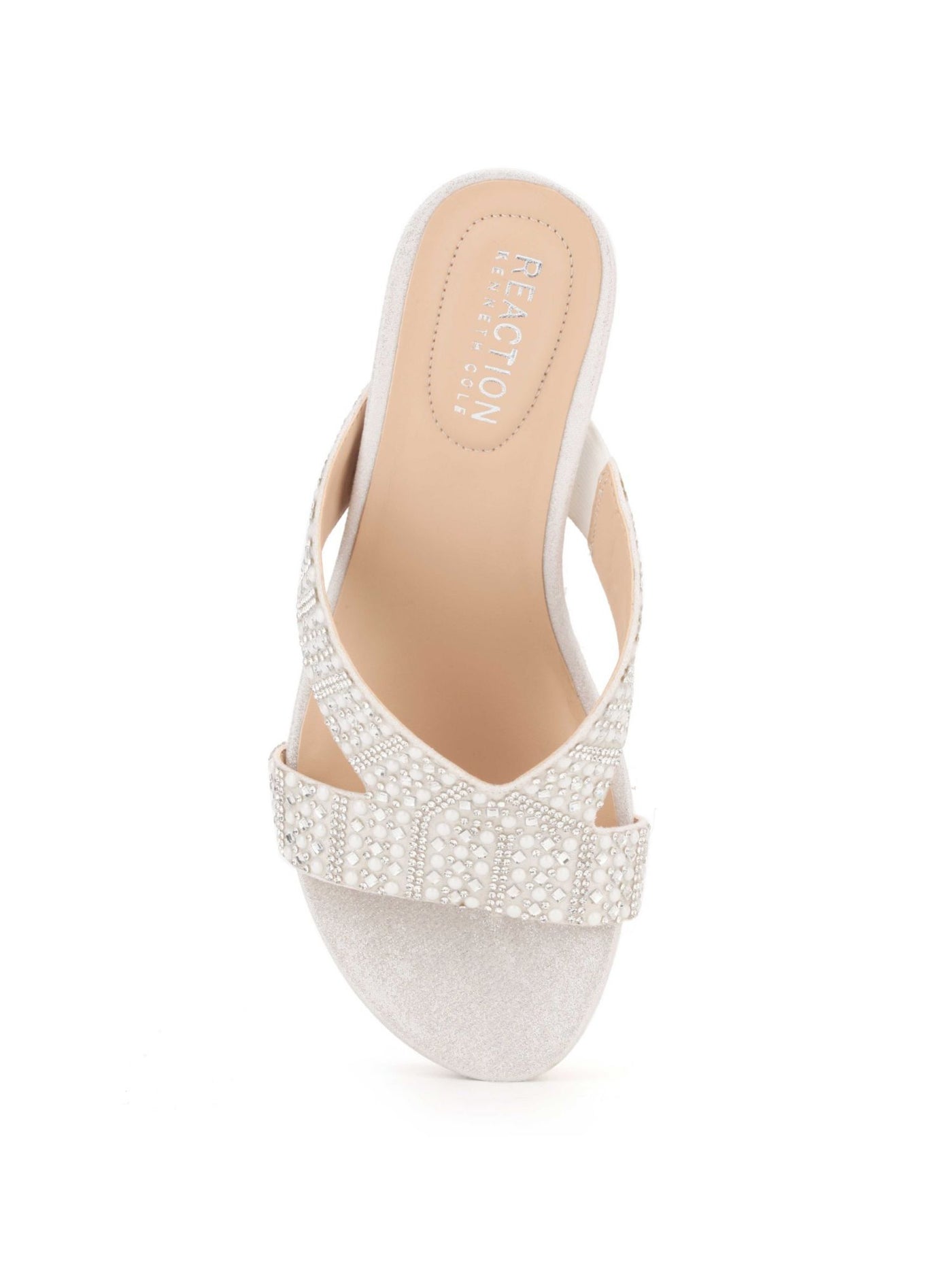 REACTION KENNETH COLE Womens White Stretch Breathable Cushioned 1" Platform Embellished Rhinestone Card Glam 2 Round Toe Wedge Slip On Espadrille Shoes 8 M