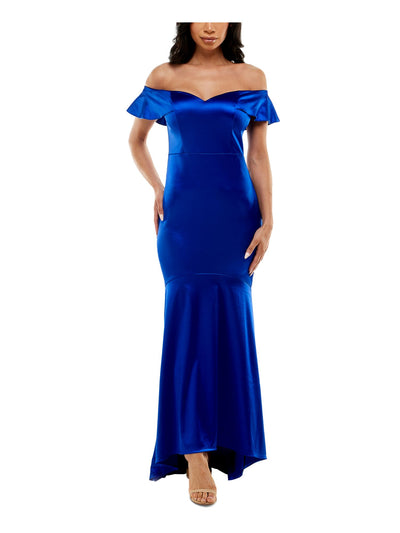 EMERALD SUNDAE Womens Blue Ruffled Short Sleeve Off Shoulder Maxi Formal Mermaid Dress XXS