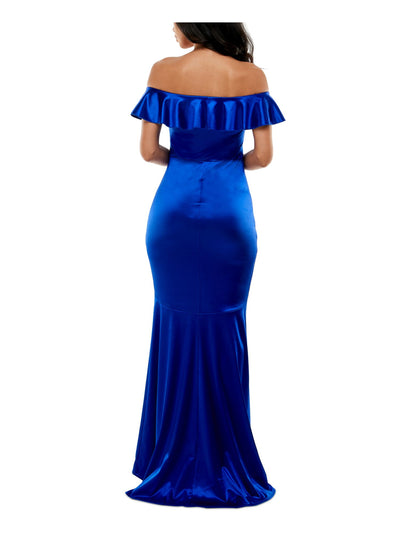 EMERALD SUNDAE Womens Blue Ruffled Short Sleeve Off Shoulder Maxi Formal Mermaid Dress XXS