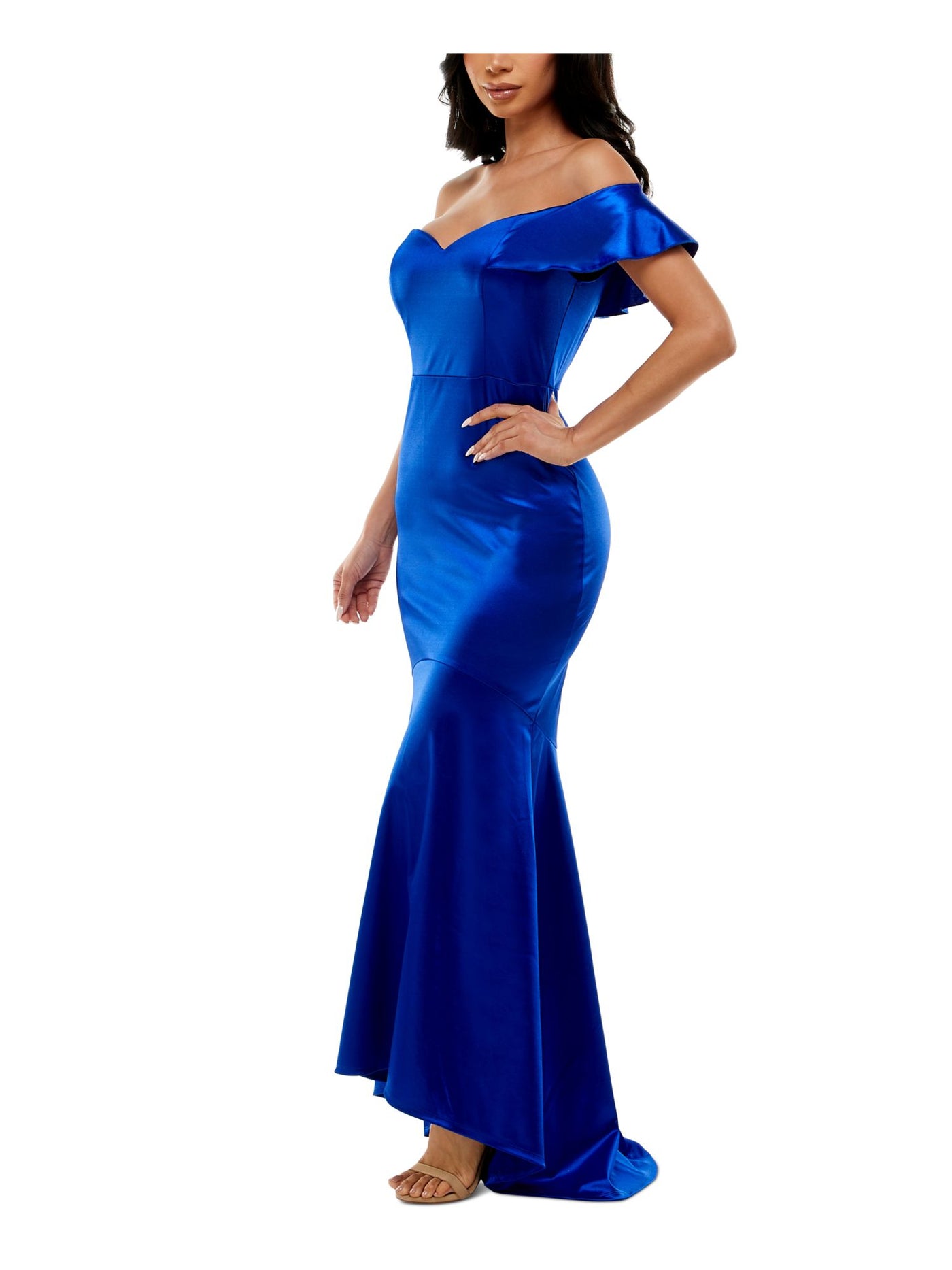 EMERALD SUNDAE Womens Blue Ruffled Short Sleeve Off Shoulder Maxi Formal Mermaid Dress XXS