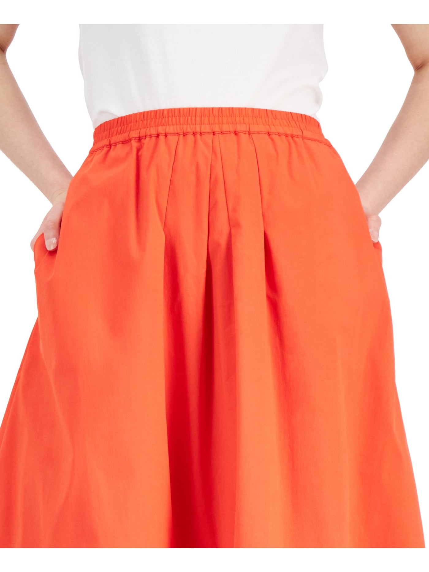 DONNA KARAN NEW YORK Womens Orange Pocketed Lined Elastic Waist Pull On Pleated Below The Knee A-Line Skirt L