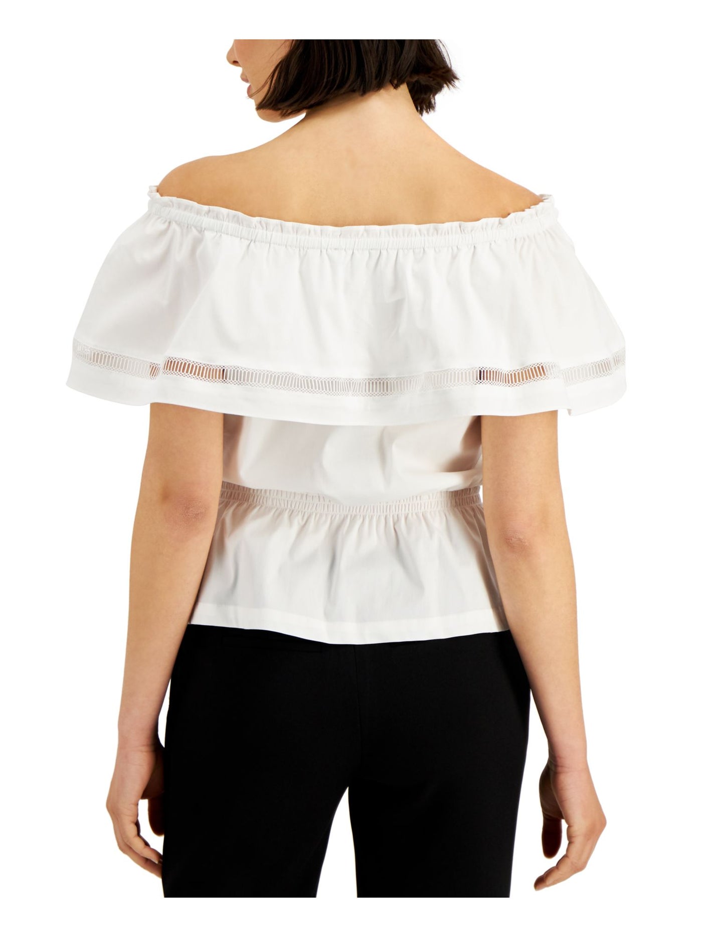 DONNA KARAN NEW YORK Womens White Ruffled Convertible-neck Smocked Waist Flutter Sleeve Off Shoulder Top XS