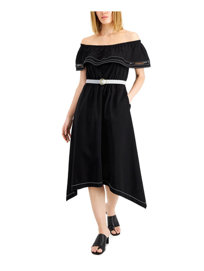 DONNA KARAN NEW YORK Womens Black Belted Unlined Handkerchief Hem Ladder Trim Short Sleeve Off Shoulder Midi Fit + Flare Dress 10