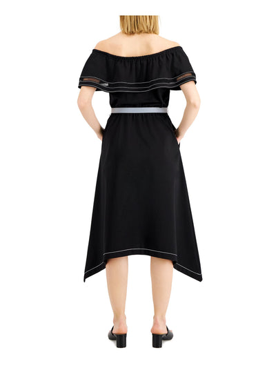 DONNA KARAN NEW YORK Womens Black Belted Unlined Handkerchief Hem Ladder Trim Short Sleeve Off Shoulder Midi Fit + Flare Dress 10