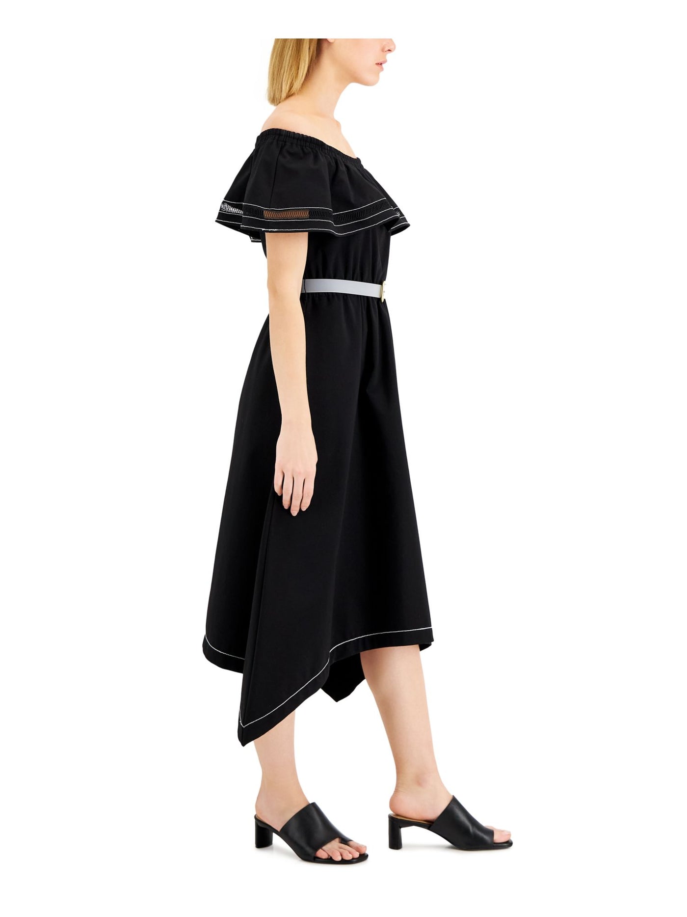 DONNA KARAN NEW YORK Womens Black Belted Unlined Handkerchief Hem Ladder Trim Short Sleeve Off Shoulder Midi Fit + Flare Dress 10