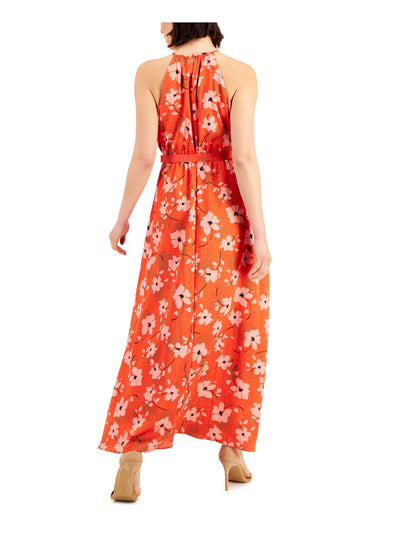 DONNA KARAN NEW YORK Womens Orange Belted Keyholes Elastic Waist Pullover Floral Sleeveless Halter Maxi Fit + Flare Dress 10