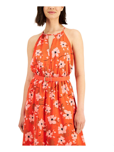 DONNA KARAN NEW YORK Womens Orange Belted Keyholes Elastic Waist Pullover Floral Sleeveless Halter Maxi Fit + Flare Dress 10