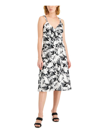 DONNA KARAN Womens White Pleated Lined Pullover Printed Sleeveless Surplice Neckline Below The Knee Fit + Flare Dress 12