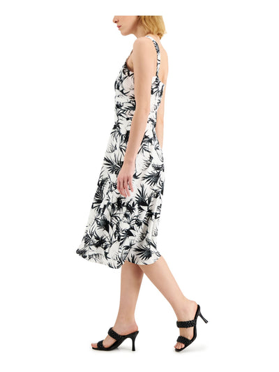 DONNA KARAN Womens White Pleated Lined Pullover Printed Sleeveless Surplice Neckline Below The Knee Fit + Flare Dress 12