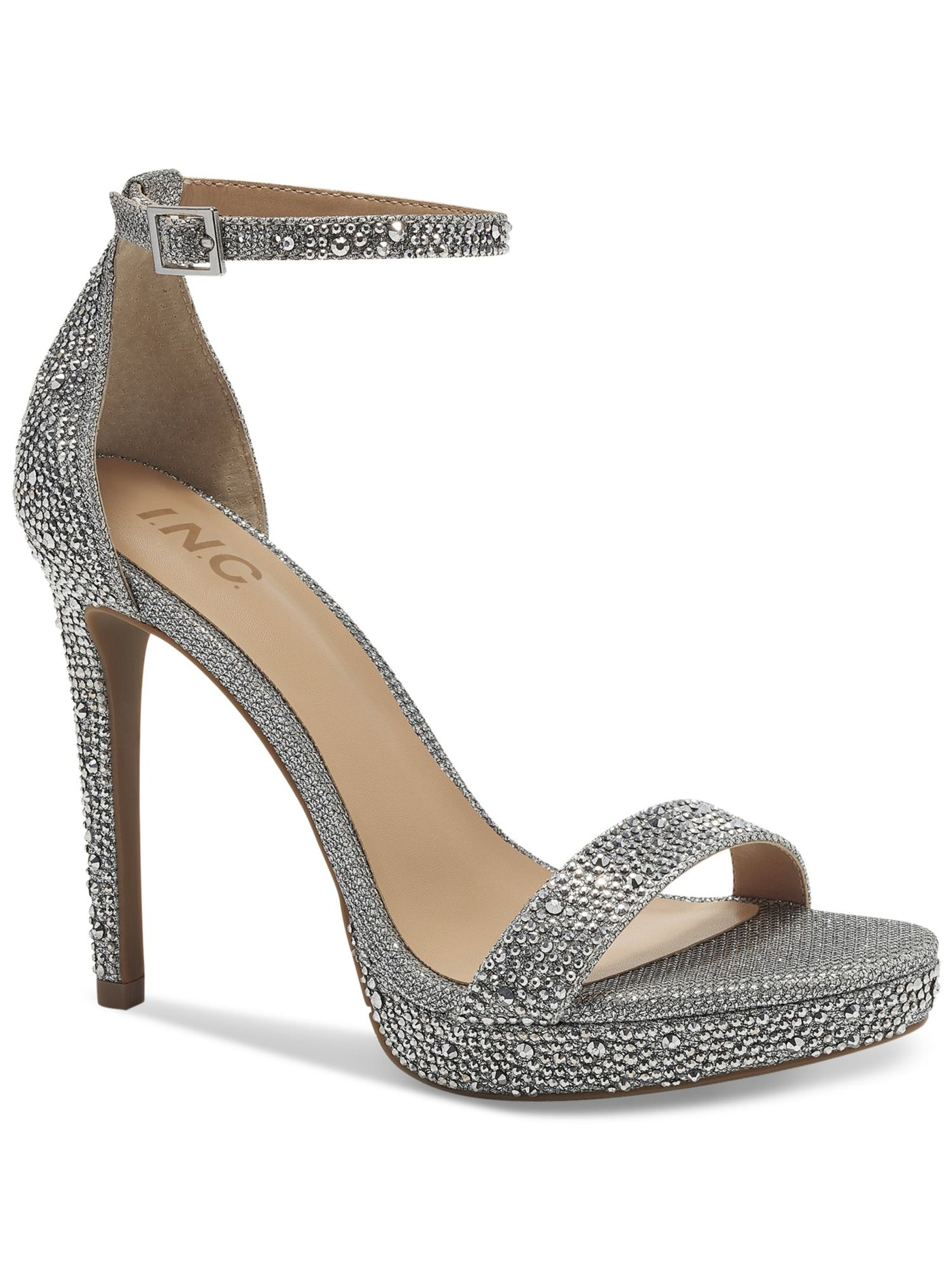 INC Womens Silver Embellished Ankle Strap Cushioned Lissy Almond Toe Stiletto Buckle Dress Heeled Sandal 6 M