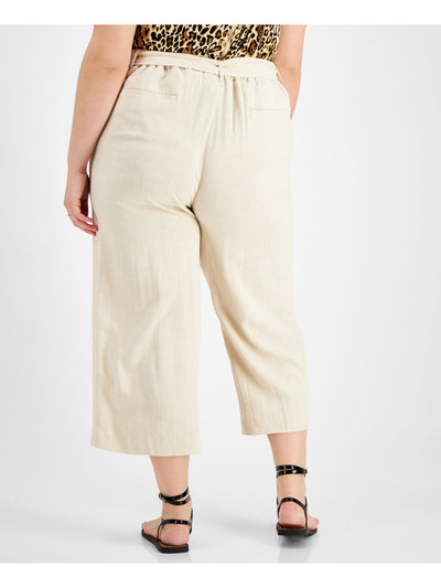 BAR III Womens Beige Pocketed Belted Straight Cropped High Waist Pants Plus 18W