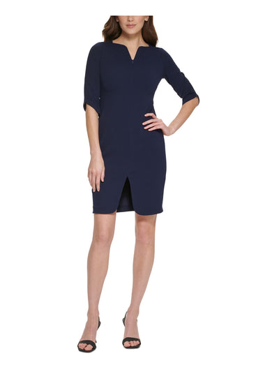 CALVIN KLEIN Womens Navy Slitted Zippers At Front Back And Cuffs Elbow Sleeve Split Above The Knee Cocktail Sheath Dress Petites 2P
