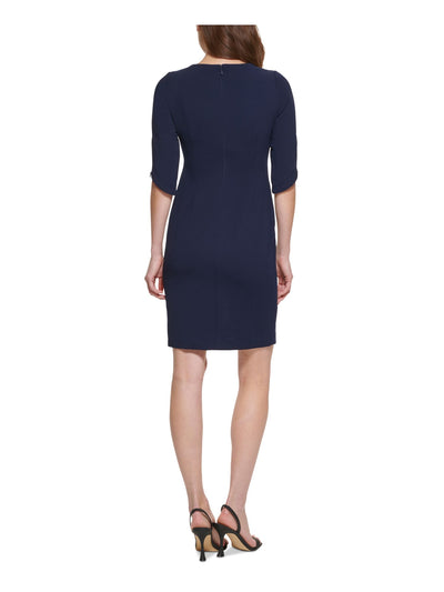 CALVIN KLEIN Womens Navy Slitted Zippers At Front Back And Cuffs Elbow Sleeve Split Above The Knee Cocktail Sheath Dress Petites 2P
