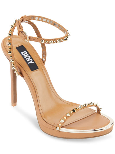 DKNY Womens Beige Padded Metallic Studded Adjustable Strap Ankle Strap Dacia Round Toe Stiletto Buckle Leather Heeled Sandal 6.5