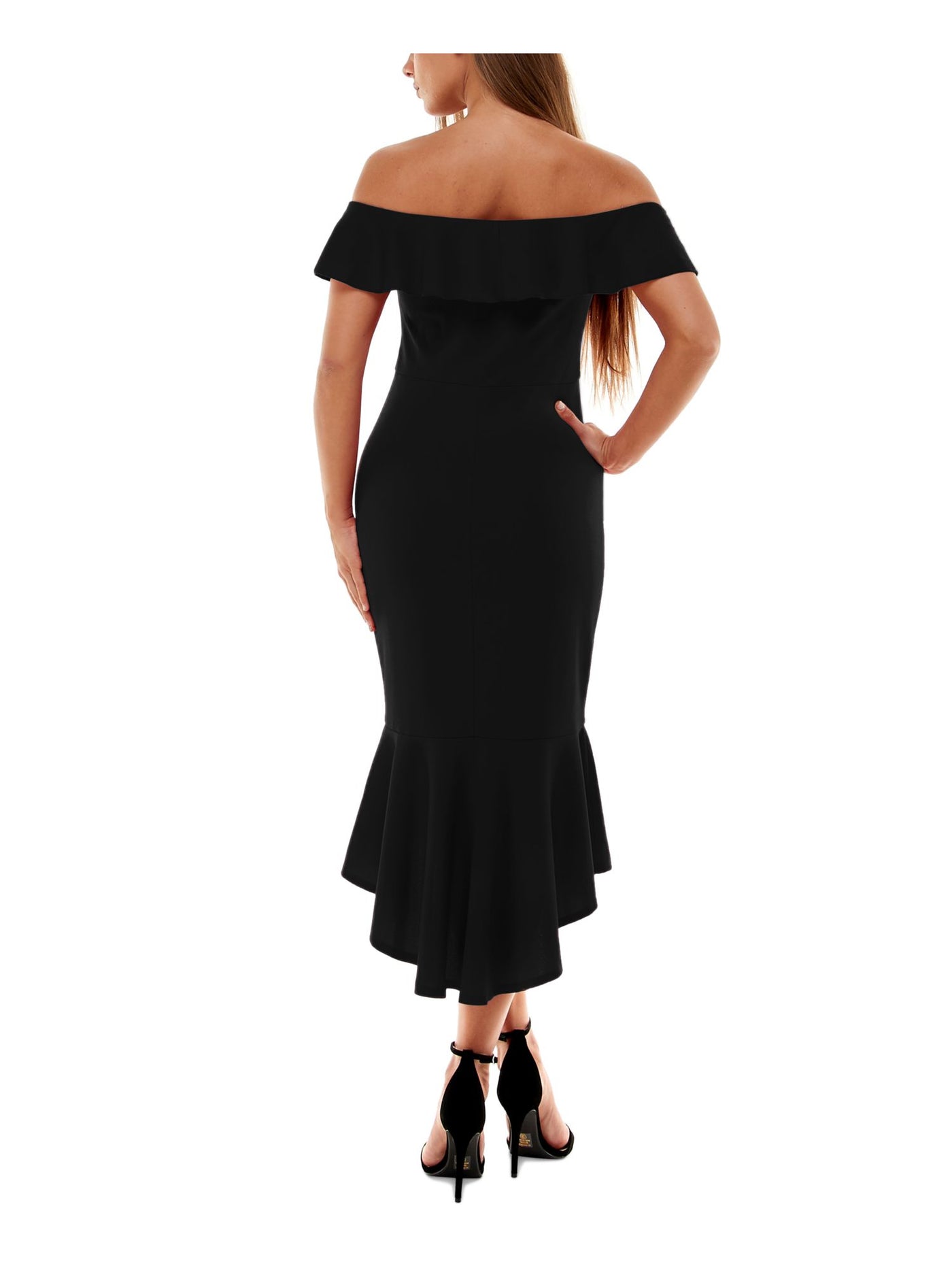 EMERALD SUNDAE Womens Black Ruffled Molded Cups Hi-lo Hem Flutter Sleeve Off Shoulder Midi Party Mermaid Dress Juniors XS