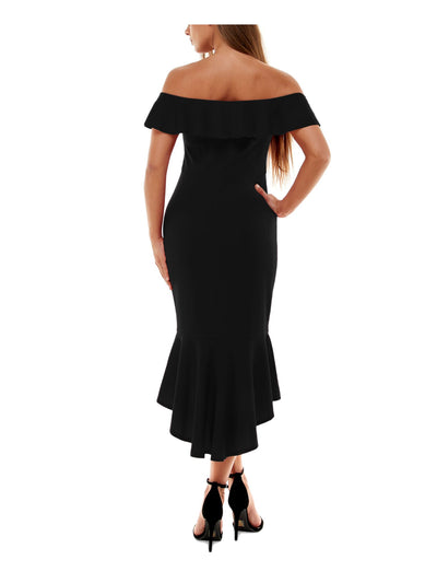EMERALD SUNDAE Womens Black Zippered Flounce Overlay H-lo Hem Flutter Sleeve Off Shoulder Midi Evening Mermaid Dress Juniors S