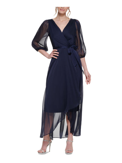 DKNY Womens Navy Zippered Pleated Self-tie Belt Sheer Lined Balloon Sleeve Surplice Neckline Full-Length Formal Faux Wrap Dress 2