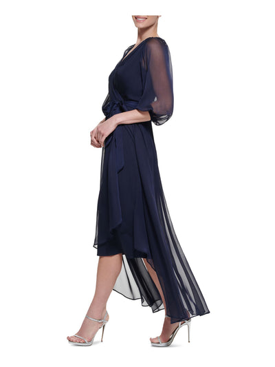 DKNY Womens Navy Zippered Pleated Self-tie Belt Sheer Lined Balloon Sleeve Surplice Neckline Full-Length Formal Faux Wrap Dress 2