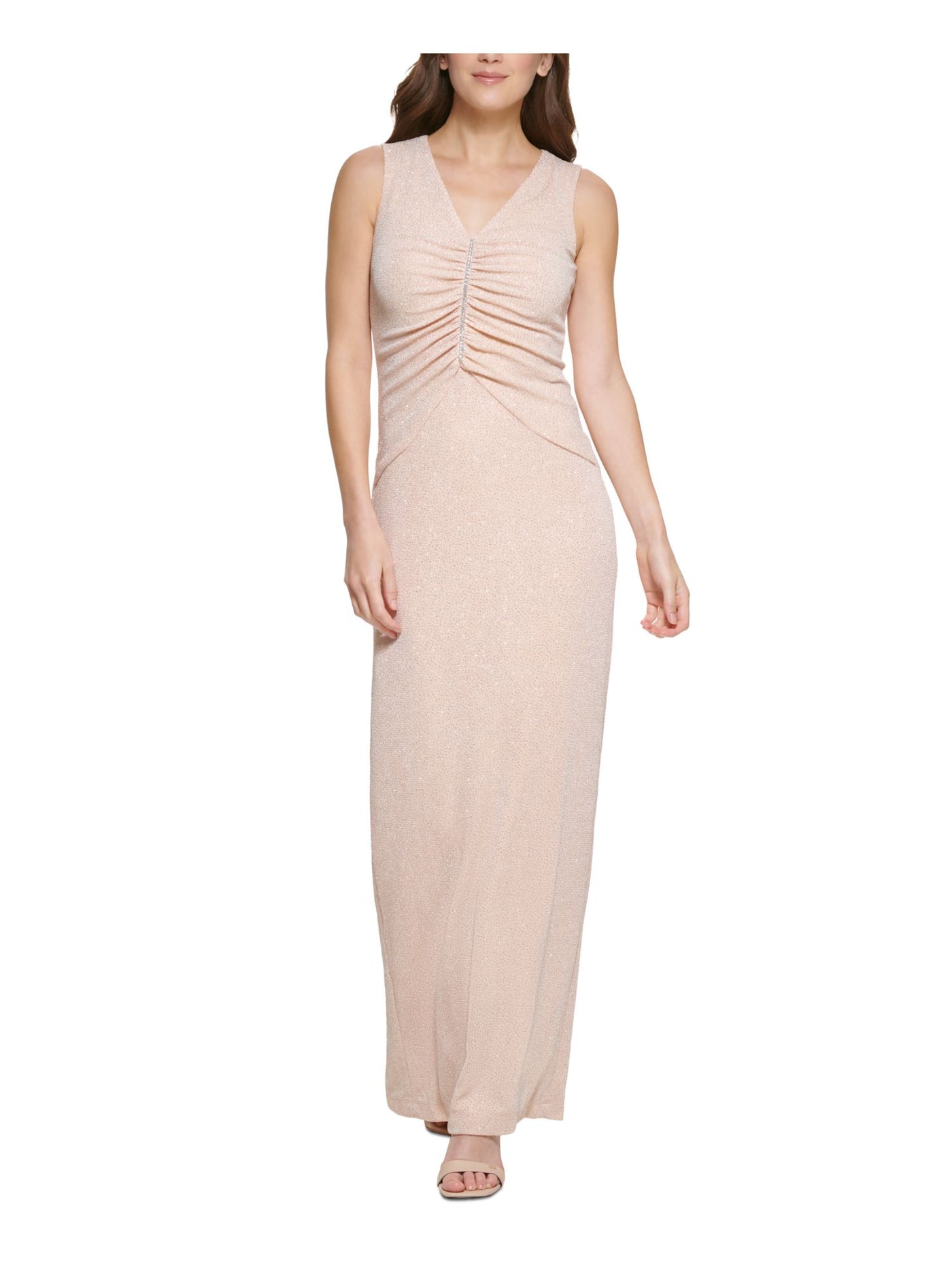 CALVIN KLEIN Womens Pink Embellished Zippered Ruched Lined Slit Sleeveless V Neck Full-Length Formal Gown Dress 4