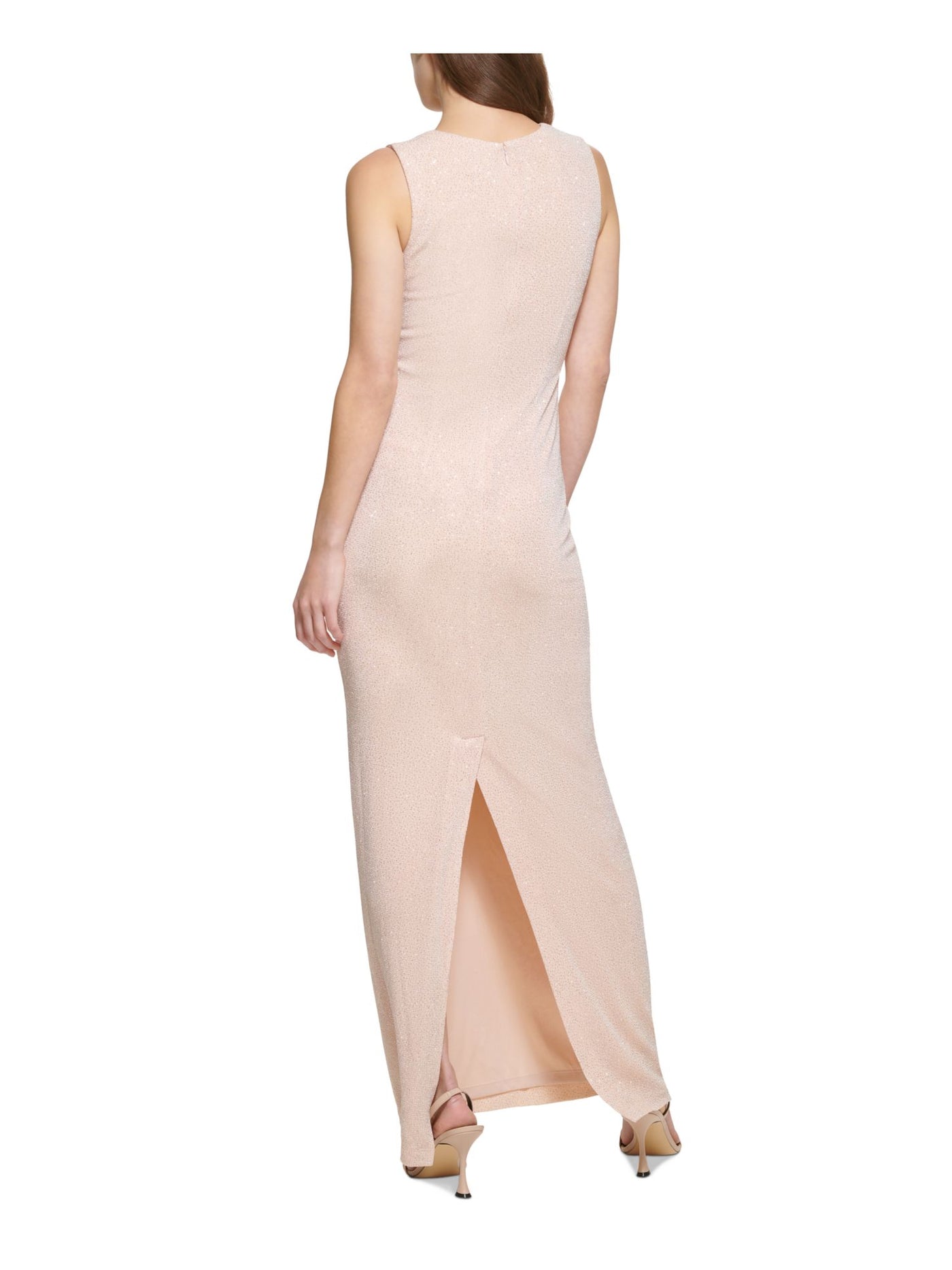 CALVIN KLEIN Womens Pink Embellished Zippered Ruched Lined Slit Sleeveless V Neck Full-Length Formal Gown Dress 4