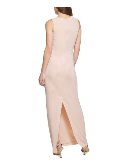 CALVIN KLEIN Womens Pink Embellished Zippered Ruched Lined Slit Sleeveless V Neck Full-Length Formal Gown Dress 4