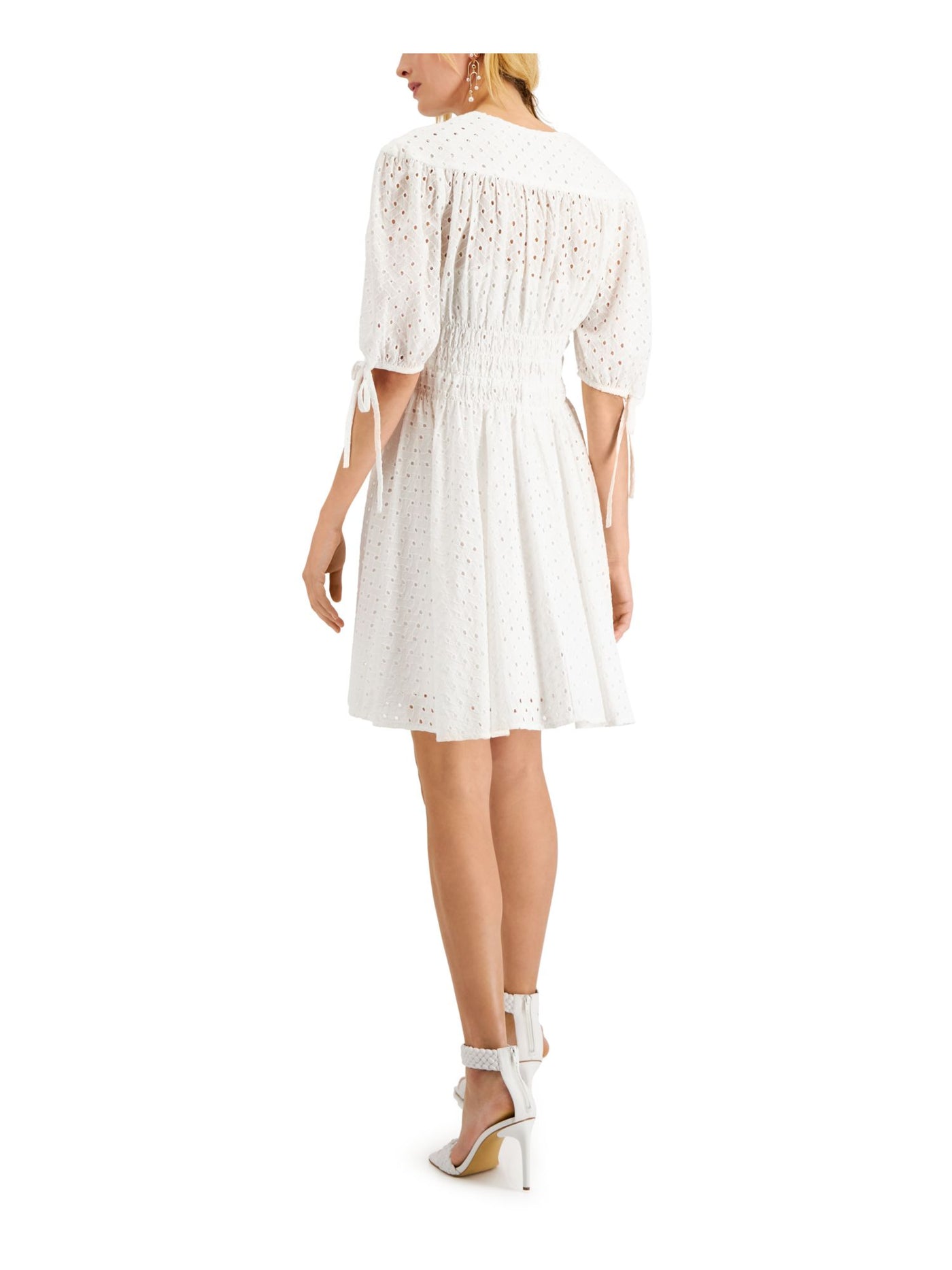 TAYLOR PETITE Womens White Eyelet Smocked Tie Lined Sheer Pullover Elbow Sleeve V Neck Above The Knee Fit + Flare Dress Petites 8P