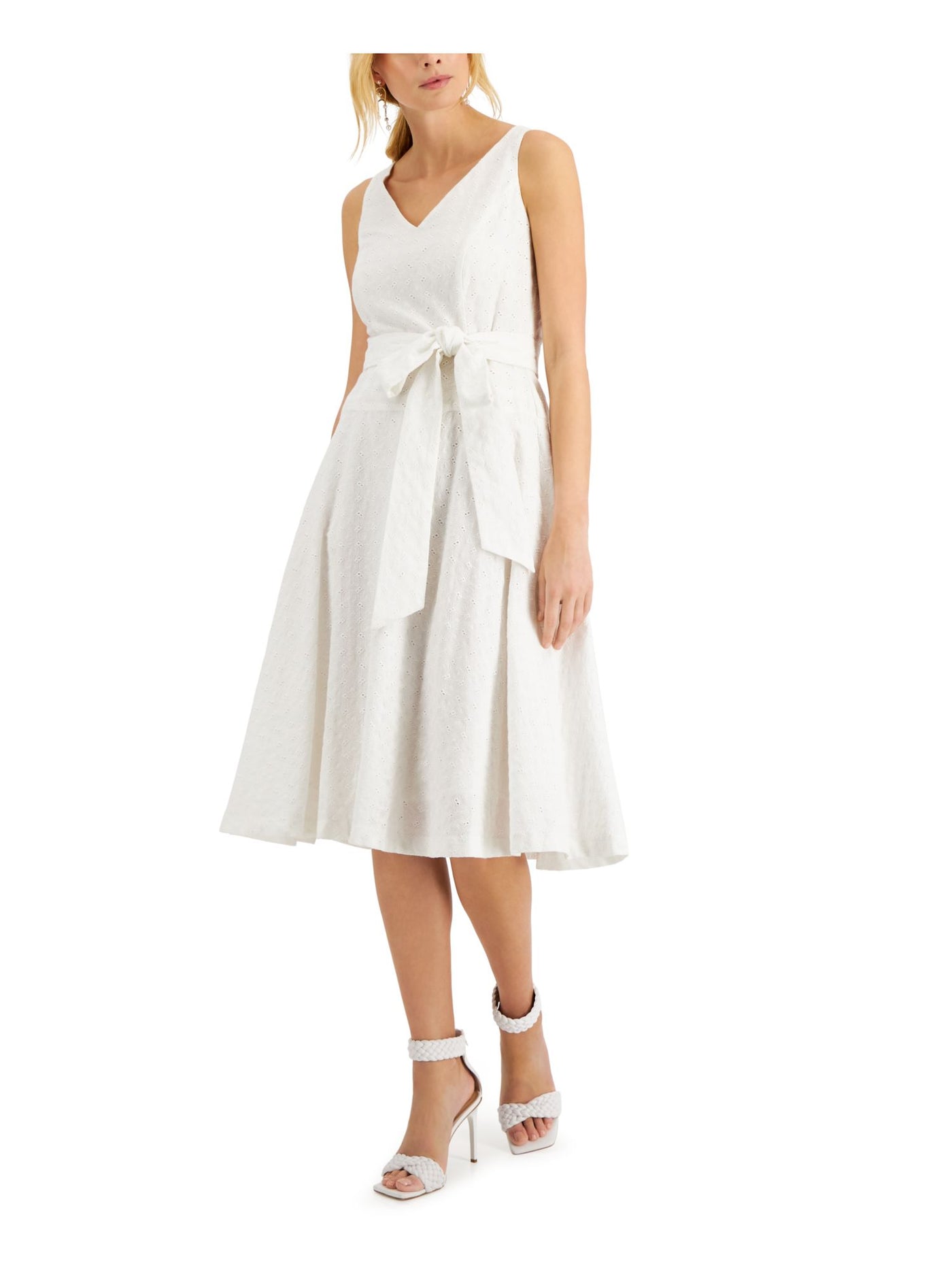 TAYLOR Womens White Zippered Eyelet Tie Belt Lined Smocked Sleeveless V Neck Below The Knee Fit + Flare Dress Petites 10P