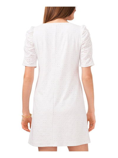 MSK PETITES Womens White Cut Out Lined Short Sleeve Round Neck Above The Knee Shift Dress Petites PL