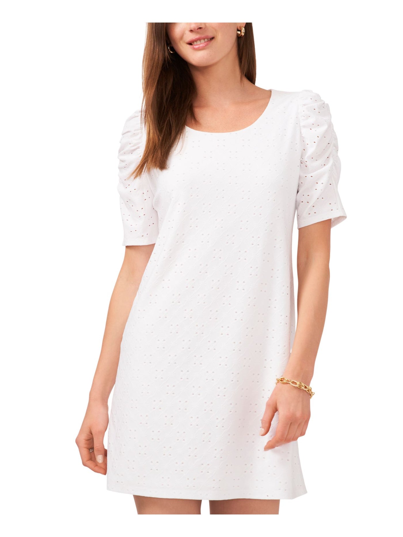 MSK PETITES Womens White Cut Out Lined Short Sleeve Round Neck Above The Knee Shift Dress Petites PL